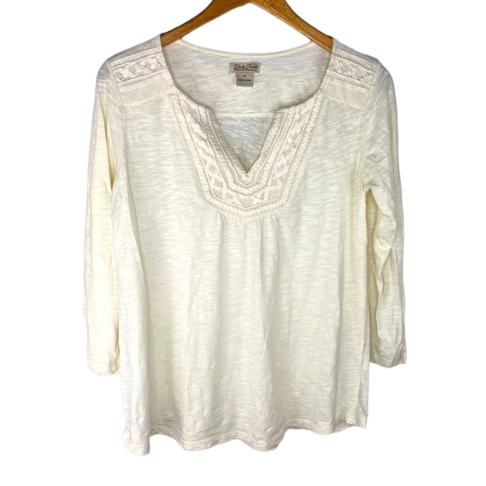 Lucky Brand V Neck Embroidered Slub Knit Top Medium Cream